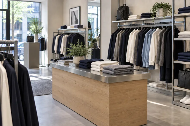 Clothing displays in a naturally lit retail store