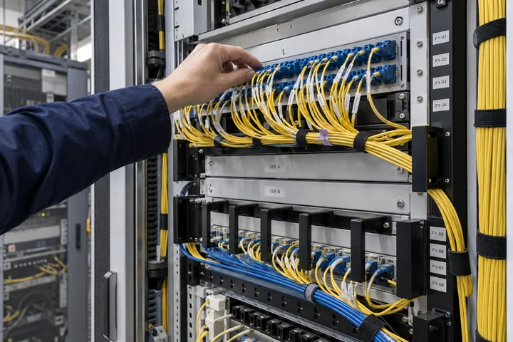 Technician checking connections in a fiber distribution rack
